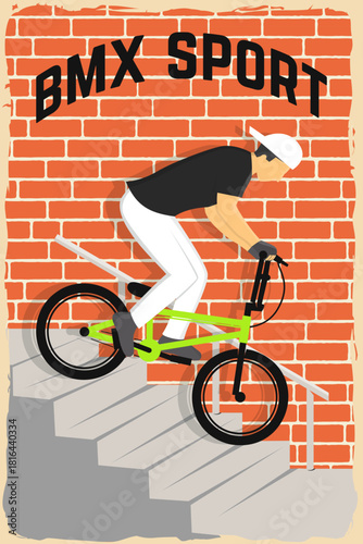 Bmx extreme sport club poster, banner, magazine template. Vector. Concept for shirt, logo, print, stamp, tee with man ride on a sport bicycle. Vintage typography design with bmx cyclist silhouette.