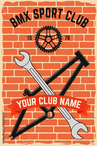 Bmx extreme sport club poster, banner, magazine template. Vector. Concept for shirt, logo, print, stamp, tee with frames, chain. Vintage typography design with bmx frames, sprocket silhouette.