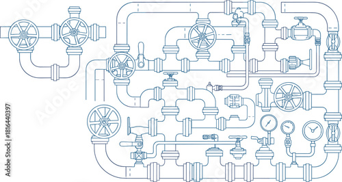 Industrial piping schematic—valves, gauges, pumps, and connectors in fluid control network diagram