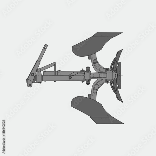 Top-down view of a two-furrow reversible plow, an agricultural implement used for tilling soil.