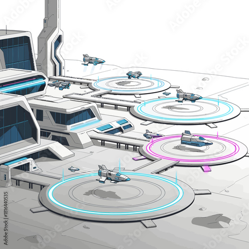 Futuristic Spaceport Docking Station with Hovercrafts