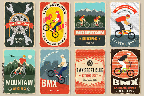 Bmx extreme sport club and Mountain biking retro poster, banner, magazine template. Vector illustration. Concept for shirt, logo, print, stamp, tee with man ride on a sport bicycle. Vintage typography