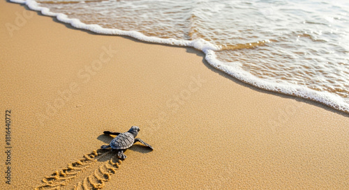 A tiny baby sea turtle crawls across a sandy beach towards the ocean waves, leaving tracks behind