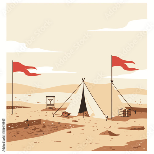 A desert excavation site with a tent, red flags, and digging tools under a vast sky.