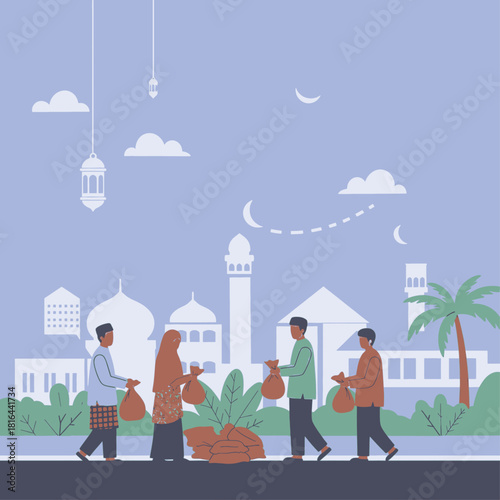 Illustration of people giving alms in front of a mosque during Ramadan.