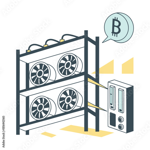 Illustration of a bitcoin mining farm with graphic cards and cooling system, cryptocurrency concept isolated on