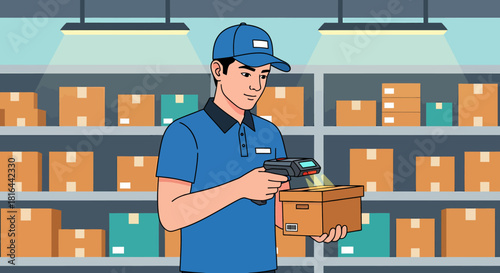 Worker Scanning Box Barcode in Warehouse with Hand Scanner