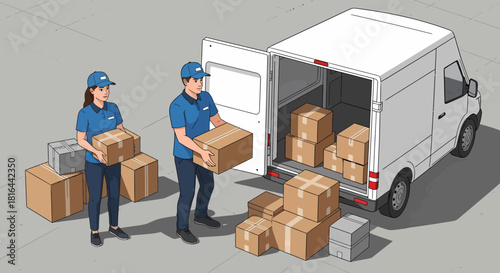 Delivery Team Unloading Packages from White Cargo Van