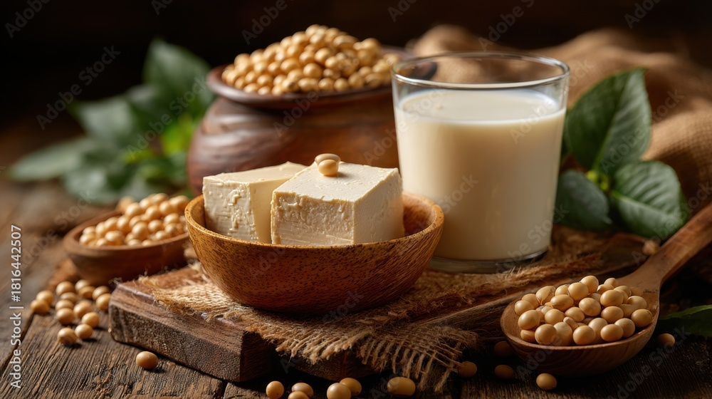 Fototapeta premium Fresh Soy Products Displayed on Rustic Wooden Table with Soybeans, Tofu, and Soy Milk in Natural Setting