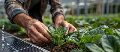 Sustainable Farming Practices: Hands Tending to Lush Green Crops in a Modern Greenhouse with Solar Panels