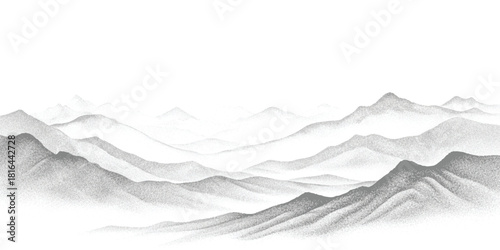 Grayscale minimalist mountain range landscape illustration with misty fog on white