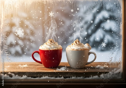 Two mugs of hot cocoa on a windowsill, seen through frosted glass with snow