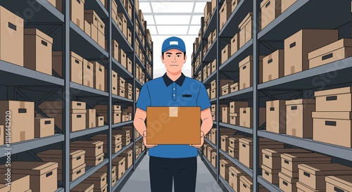 Delivery Worker Holding Package in Long Warehouse Aisle