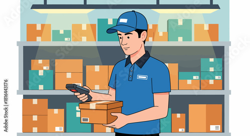Warehouse Worker Scanning Package on Shelf Inventory Check