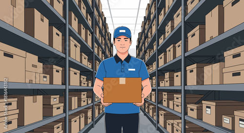 Male Delivery Worker Holding Box in Warehouse Aisle