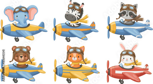 Cartoon animal pilots, flying animals, airplane ride, cute aviators, kids illustration, colorful planes, goggles, scarf, sky adventure, elephant, fox, rabbit, bear