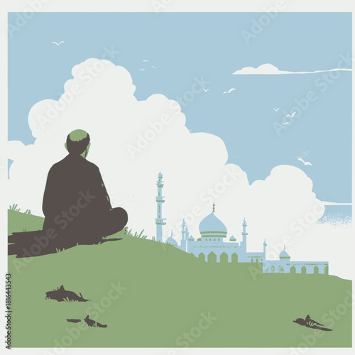 A Muslim man in silhouette sits on a grassy hill, peacefully contemplating a distant mosque under a cloudy sky.