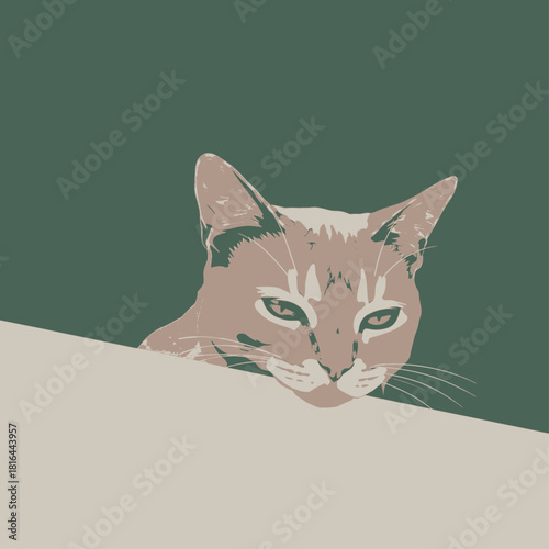 A stylized illustration of a cat peering over a neutral-colored surface.