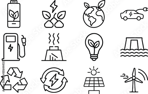 Ecology and renewable energy symbols in outline style icon battery