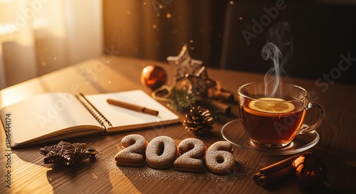 Cookies spelling 2026 with tea and notebook