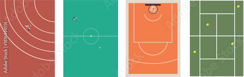 A set of flat minimal sport field illustrations including tennis court, football field, basketball court, and running track layouts. Perfect for posters, infographics, web design, and educational mate