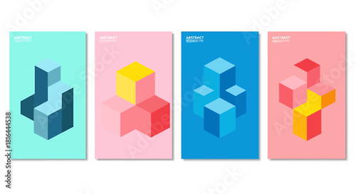 Set of four abstract isometric 3d block compositions on colorful posters