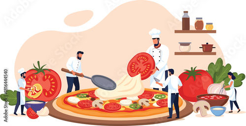 Cartoon chefs making pizza, kitchen teamwork, oversized ingredients, culinary scene, tomato, mushroom, leafy greens, cooking process, food prep, stylized kitchen, sauce, spoon
