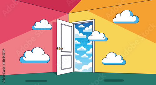 Open door to a sky with clouds, symbolizing new opportunities and freedom