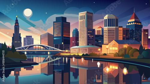 Very beautiful night-time panorama of downtown Columbus, Ohio, showing an illuminated urban skyline reflected on a calm riverfront, with glowing bridges, soft ambient lights, and a peaceful modern cit