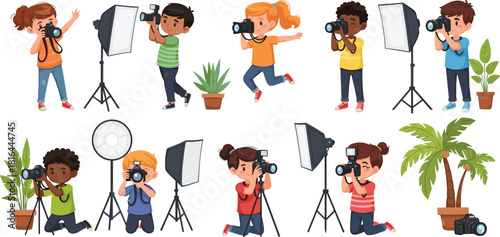 Cartoon children photography, kids with cameras, photo shoot scene, tripod, softbox, umbrella light, playful setup, colorful props, palm tree, studio gear, fun activity