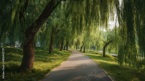 Fototapeta Naklejka Na Ścianę i Meble -  Pathway Through Lush Green Park With Weeping Willow Trees. Serene Nature Walkway