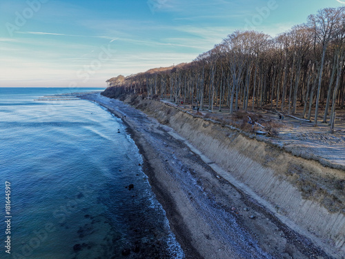 Fototapeta Naklejka Na Ścianę i Meble -  serene coastal scene featuring a steep sandy cliff below a leafless forest, with the cold Baltic Sea gently lapping at the quiet, stony shoreline under a clear sky