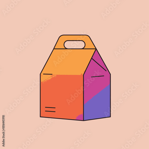 A colorful illustration of a takeout box with a handle, perfect for food delivery.