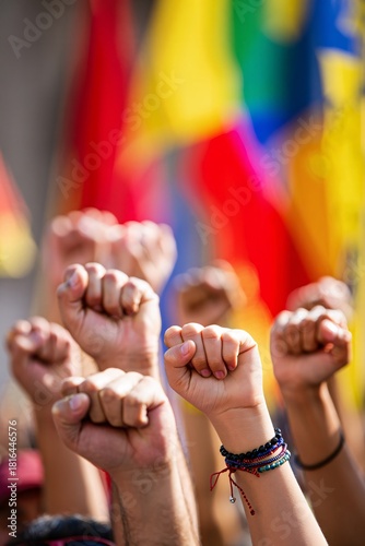 Raised fists symbolize unity and protest at a rally