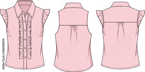 Pink blouse design, ruffled shoulder, sleeveless top, button-down front, fashion template, garment layout, tailored fit, collar detail, pleat back, apparel mockup
