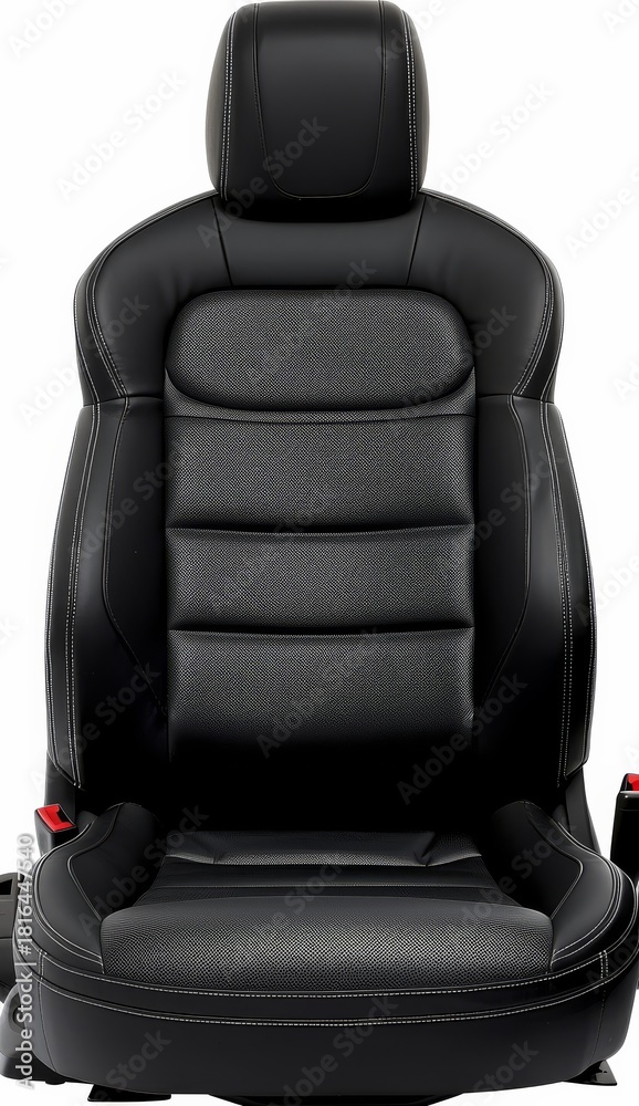 Naklejka premium Isolated close up of a black leather car seat with white stitching in studio automotive photography