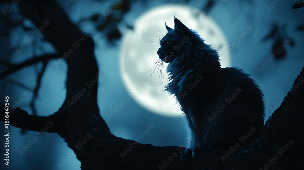 Obraz premium Majestic feline perched on branch under luminous moonlit sky animal night