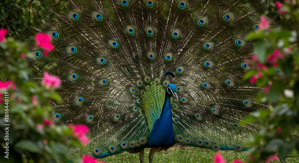 Obraz premium Vibrant Peacock Displaying Full Tail Feathers, Beautiful Bird with Iridescent Blue and Green Plumes, Wildlife Photo of Peacock in Courtship Display, Detailed Portrait of Majestic Bird, Isolated Peacoc