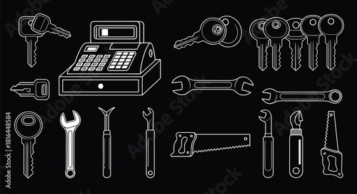 CAD drawing flat vector illustration of tools, keys, cash register icons for technical design, engineering, and security concepts with clean lines
