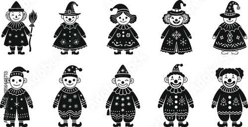 Cartoon costume character set, whimsical outfit design, festive illustration, black and white style, vector drawing, cad sketch, flat concept