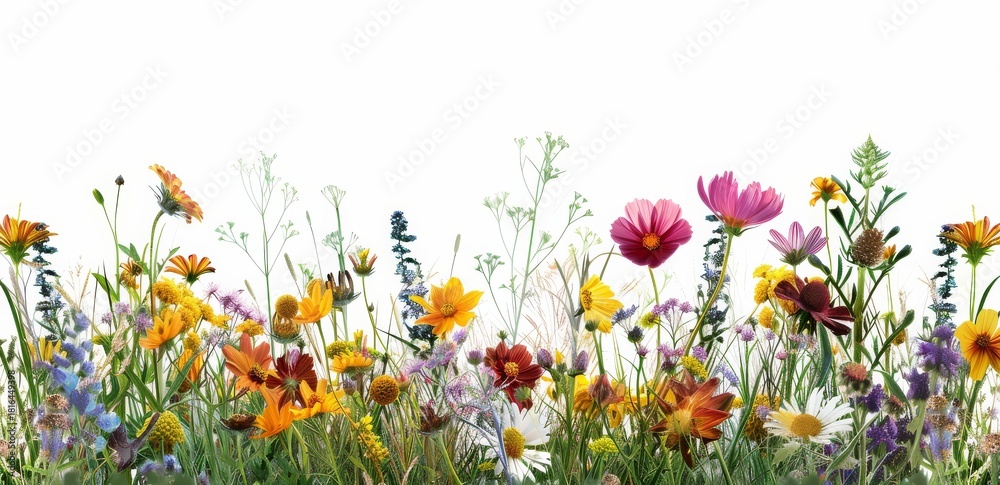 Fototapeta premium Wildflower Meadow Isolated on White Background Eye-Level View Featuring Cosmos Daisies and Other Colorful Blooms
