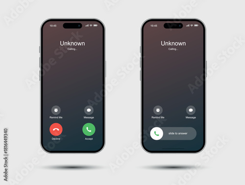 Incoming call from unknown in dark theme screen display style vector.