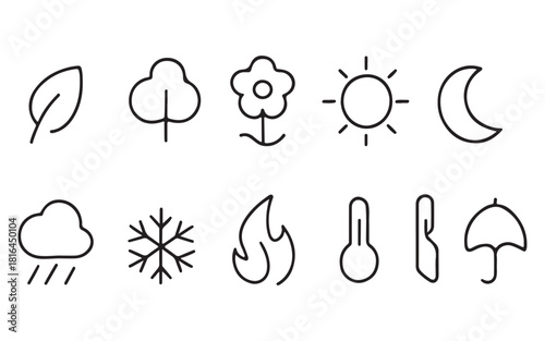 Set of ten simple black outline nature and weather icons isolated on