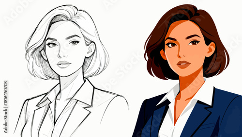 This illustration shows the step-by-step design process of a business man’s suit, from sketch to fully rendered versions with different colors and details, showcasing character design progression.
