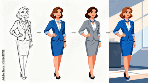 This illustration shows the step-by-step design process of a business man’s suit, from sketch to fully rendered versions with different colors and details, showcasing character design progression.