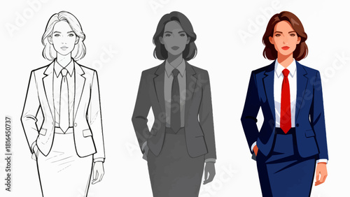 This illustration shows the step-by-step design process of a business man’s suit, from sketch to fully rendered versions with different colors and details, showcasing character design progression.