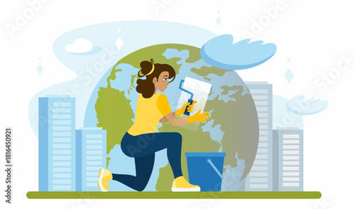 A woman cleans planet Earth using a washing roller and bucket. The volunteers take care of the ecology of the planet. Environmental protection. Flat vector illustration
