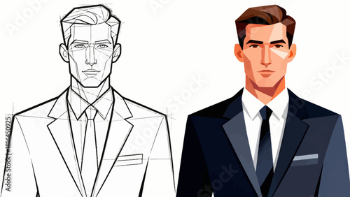 This illustration shows the step-by-step design process of a business man’s suit, from sketch to fully rendered versions with different colors and details, showcasing character design progression.