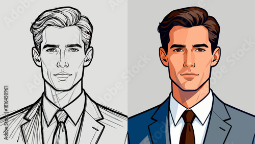 This illustration shows the step-by-step design process of a business man’s suit, from sketch to fully rendered versions with different colors and details, showcasing character design progression.