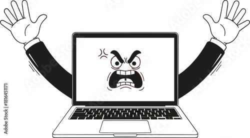 Angry Frustrated Laptop Computer Character Displaying Furious Face and Raising Hands, Technical Glitch Error Problem, Computer Malfunction Stress Outrage, Technology Crisis Humor Vector Illustration